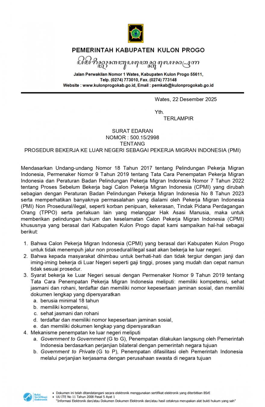 SE. Bupati No. 500.15/2998 tentang Prosedur Bekerja Ke Luar Negeri sebagai Pekerja Migran Indonesia 